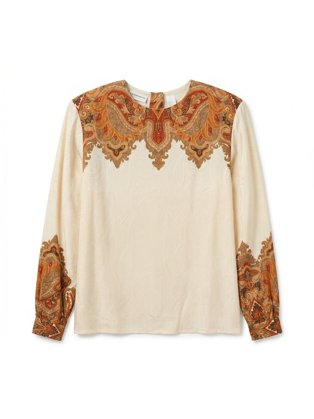 100% Silk Liz Claiborne Collection Cream Paisley Border Print Blouse